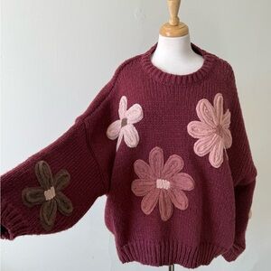 Dreamers Burgundy Floral Appliqué Knit Sweater Oversized Cozy Cottagecore